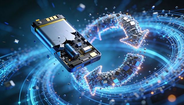 Cracked power bank revealing internal circuitry and swirling digital data arrows