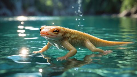 Gecko-like amphibian posing on tranquil pond water surface