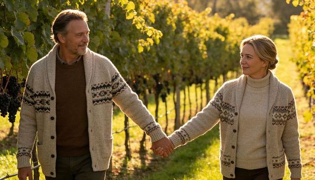 Middle-aged couple walking hand in hand through vineyard at golden hour wearing cozy sweaters