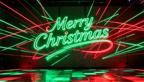 Merry Christmas neon sign glowing while red and green lasers sweeping across tiled floor