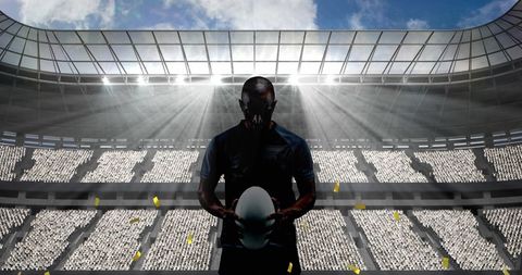 Rugby Player Silhouette with Golden Confetti in Stadium