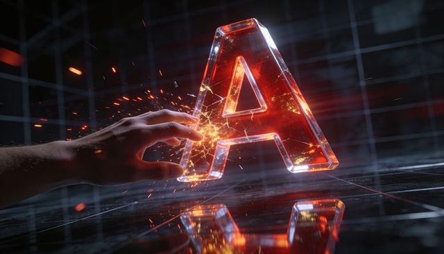 Hand touching glowing cracked letter a emitting sparks on reflective grid floor