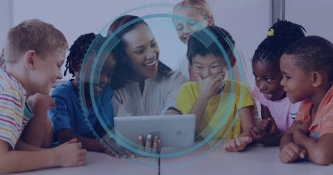 Teacher guiding diverse kids using tablet for interactive classroom learning with digital overlay