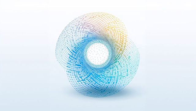 Floating geometric torus mesh forming woven lattice with dotted ring on pale gradient