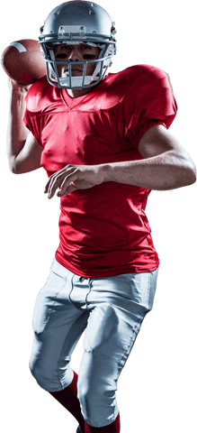 athlete standing in classic quarterback pose preparing to throw football. features full gear including helmet and uniform. useful for promotional materials, sports merchandise, or educational content showcasing american football techniques.