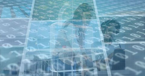 Cybersecurity Concept with Digital Padlock and Office Coworkers