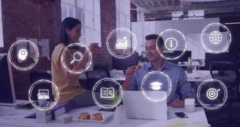 Colleagues Enjoy Lunch with Digital Business Interface Concept