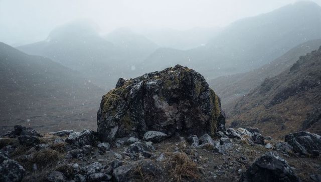 Sitting moss-covered boulder in misty snowfall over rugged remote mountain valley
