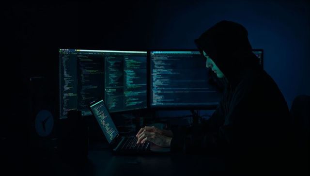 Hooded programmer typing code on laptop with triple monitors showing source code at night
