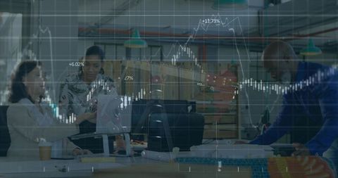 Corporate team analyzing market data with stock chart overlay