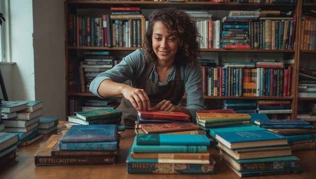 Bookshop owner arranging vintage hardcovers on wooden table amid cozy bookshelves