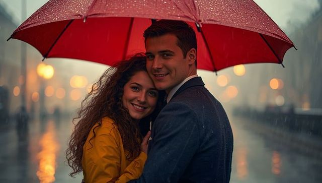 Romantic couple embracing under red umbrella on rainy city street at twilight with bokeh lights