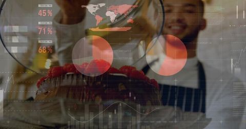 Pastry chef glazing cake with data overlay in innovative kitchen