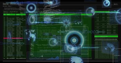 Futuristic holographic interface displaying streaming code and hud graphics
