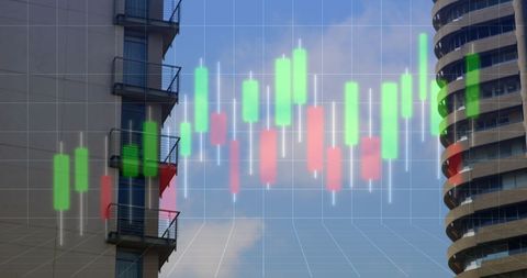Candlestick Chart Overlay on Modern Urban Buildings