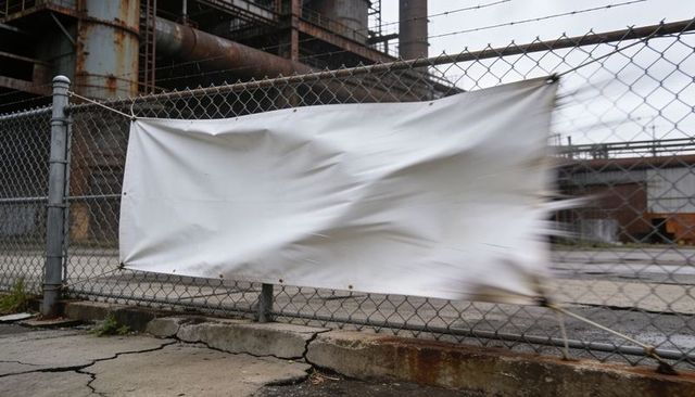 Flapping white vinyl banner on chain-link fence at derelict industrial site, windy