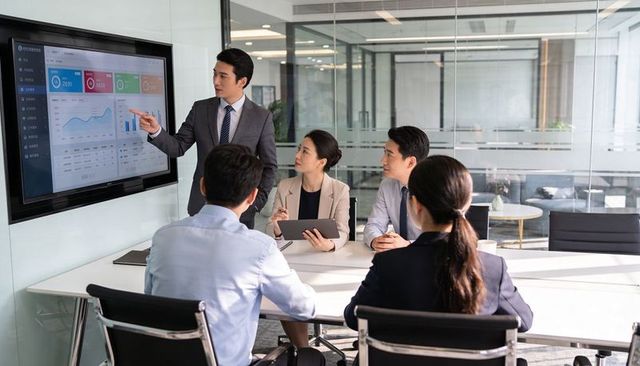 Presenting executive pointing at dashboard during team meeting in modern glass office
