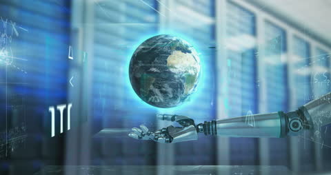 Robotic Hand Holding Globe with Data in Server Room