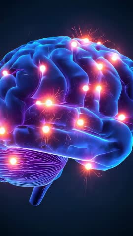 Spinning 3D brain featuring glowing neural nodes, pulsing sparks, and tech visualization