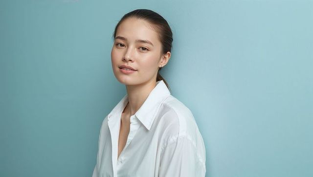 Serene asian woman posing in loose white shirt against soft blue backdrop, beauty headshot
