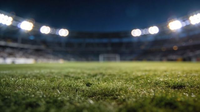 Ground-level stadium turf under floodlights with bokeh goal frame nighttime sports scene