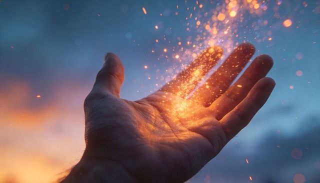 Outstretched hand holding golden sparks at twilight, warm glow and floating magical particles