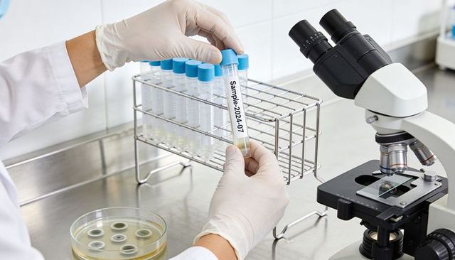 Scientist holding labeled test tube Sample-2024-07 beside microscope and petri dishes