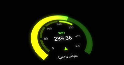 This portrays a digital dashboard measuring internet speed in Mbps, emphasizing fast connection and modern technology. Suitable for illustrating concepts of high-speed internet, promotional materials for broadband services, or tutorials about network connectivity.