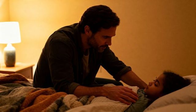 Father Leaning Over Child in Bed at Night Tucking Blanket and Offering Comfort