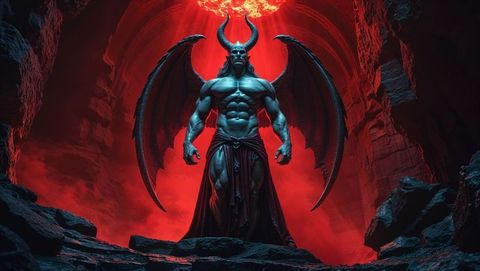 Mythical satan in fiery cave with flaming orb