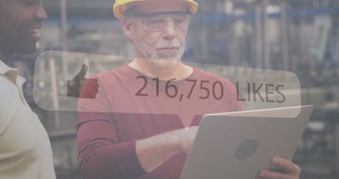 Factory Worker Engaging Online with Social Media Likes Overlay - Download Free Stock Images Pikwizard.com