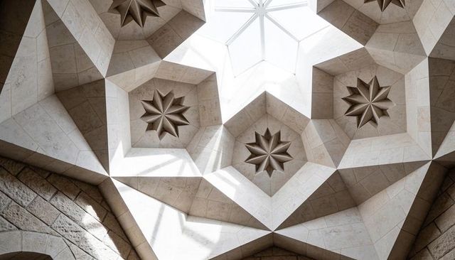 Geometric limestone vaulted ceiling with carved star rosettes and central skylight