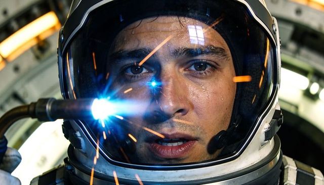 Helmeted astronaut welding inside spacecraft with visor reflecting torch sparks and sweat