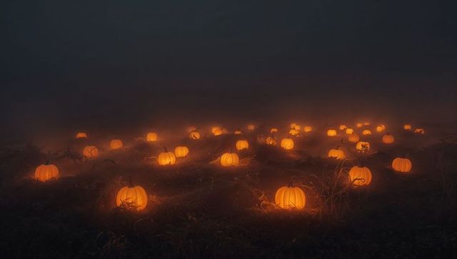 Mystical pumpkin field with eerie glow in foggy night