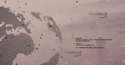 Digital Globe Overlay with Financial Data on Misty Cityscape - Download Free Stock Images Pikwizard.com