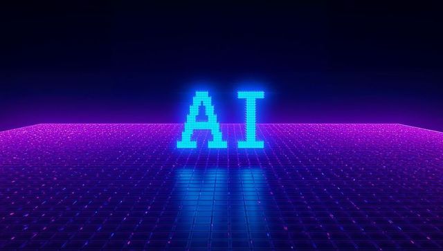 Glowing Pixel AI Letters on Neon Tiled Grid Floor in Retrofuturistic Cyberpunk Studio