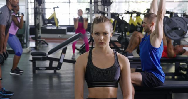 Focused Young Woman Training in Modern Gym with Motivated Crowd - Download Free Stock Images Pikwizard.com