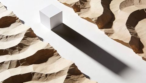 White Cube Casting Long Diagonal Shadow on Torn Paper Strip Between Crumpled Kraft Ridges