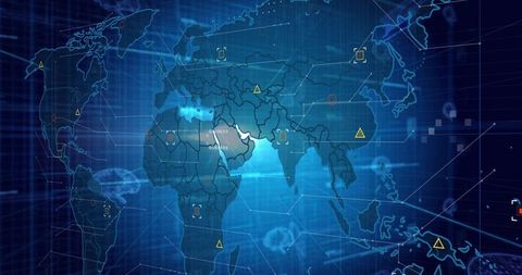 Translucent world map highlighting Africa Europe Asia on futuristic holographic dashboard