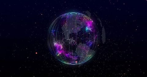 Digitally Generated Globe with Neon Network Connectivity on Black Background
