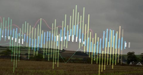 Digital Financial Data Represented Over Rural Farmland Scenery