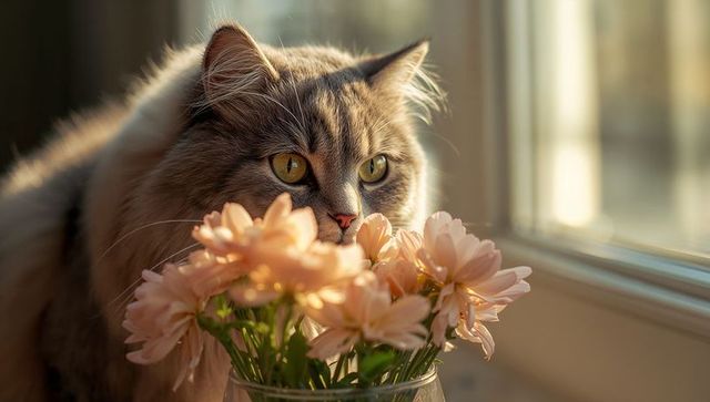 Longhaired Gray Tabby Cat Sniffing Peach Flowers on Sunlit Windowsill at Golden Hour