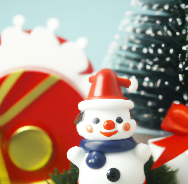This cheerful snowman is surrounded by traditional Christmas decorations, including a Christmas tree and colorful ornaments. Ideal for holiday greeting cards, festive social media posts, seasonal marketing materials, and adding a touch of holiday cheer to websites and newsletters.