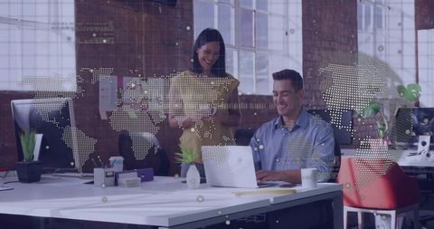 Business Team Collaboration with Global Map Overlay in Modern Office