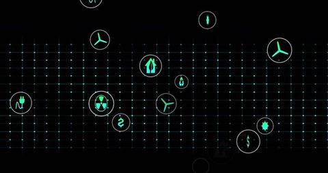 Glowing teal energy icons floating on digital grid futuristic network interface