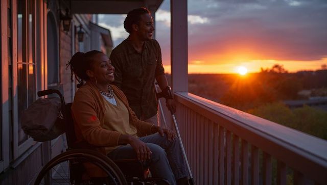 Supportive presence outdoor at sunset aboard wheelchair