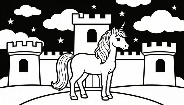 Monochrome unicorn standing before medieval castle under starry night coloring sheet