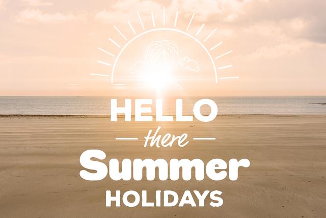 Ideal for travel agencies, vacation promotions, summer event advertisements, and greeting cards. The image evokes a sense of relaxation and excitement for the summer holidays, perfect for marketing materials and social media posts.