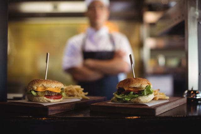 Close-up of gourmet burgers with french fries on trays at a restaurant order station. A chef stands in the background, indicating a professional kitchen environment. Ideal for use in food blogs, restaurant promotions, culinary websites, and advertisements showcasing high-quality fast food.