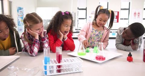 Diverse Children Engaged in Chemistry Experiment in Classroom